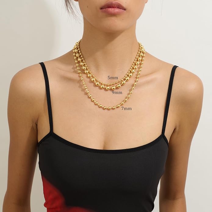 Statement Gold Beads Necklace for Women Vintage Gold Beaded Strand Chain Necklace Fashion Jewelry for Women