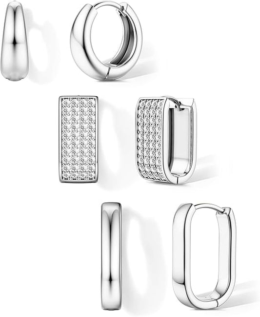 Florideco 3Pairs Chunky Gold Earrings Set 14K Gold Plated Hoop Earrings for Women Trendy Small Thick Huggie Hoops Earring Lightweight Silver Hoop Earring Sets for Multiple Piercing