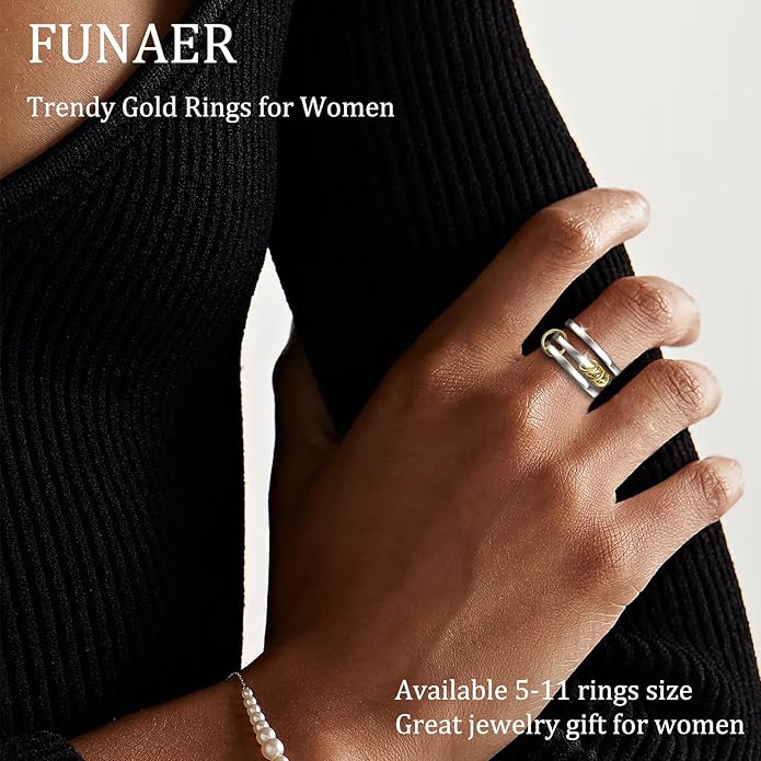 Stackable Rings For Women Non Tarnish,Two-Tone 18K Gold Silver Mixed Metals Interlocked Ring, Cubic Double-Layer Zirconia Interlocked Fashion Accessories Jewelry, Special Statement Ring Set Gifts For Women