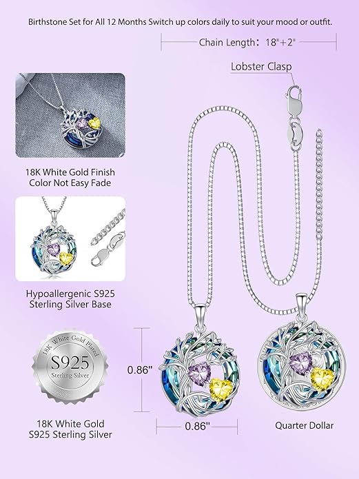 TOUPOP s925 Sterling Silver Family Celtic Tree of Life Pendant Necklaces with 2 Heart Birthstone with Blue Austrian Crystal Jewelry Birthday Anniversary Christmas Gifts for Her Wife Girlfriend Mom (18K Real White Gold Filled)