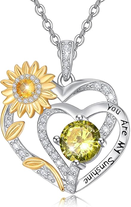 Zeuslia Double Birthstone Necklace Gifts for Wife - 925 Sterling Silver Sunflower/Rose/Crown Cross/Compass/Heart Pendant I Love You Necklace, Anniversary Birthday Gifts for Wife Girlfriend Mom Her
