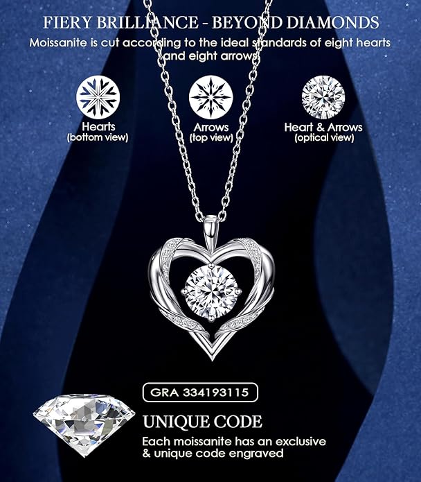 Beam & Bask 2-3 Ct Moissanite Heart Necklaces for Women, 18K Gold Plated Romantic Pendant for Anniversary Birthday, 925 Sterling Silver Jewelry for Wife Girlfriend Mom Her