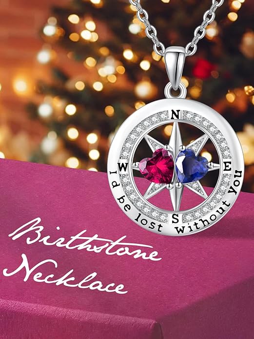 Compass Birthstones Necklace for Women, Exquisite Anniversary Birthday Gifts for Wife Her Double Birthstone Pendant jewelry ‘I'd be Lost Without You’