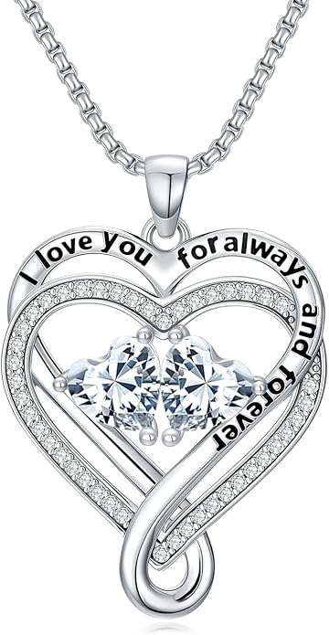 I Love You for Awlays and Forever Double Heart Necklace with Birthstone, 2 Birth Stone Jewelry Anniversary Valentines Mothers Day Christmas Birthday Gifts for Women Her Wife Girlfriend Mom Mother