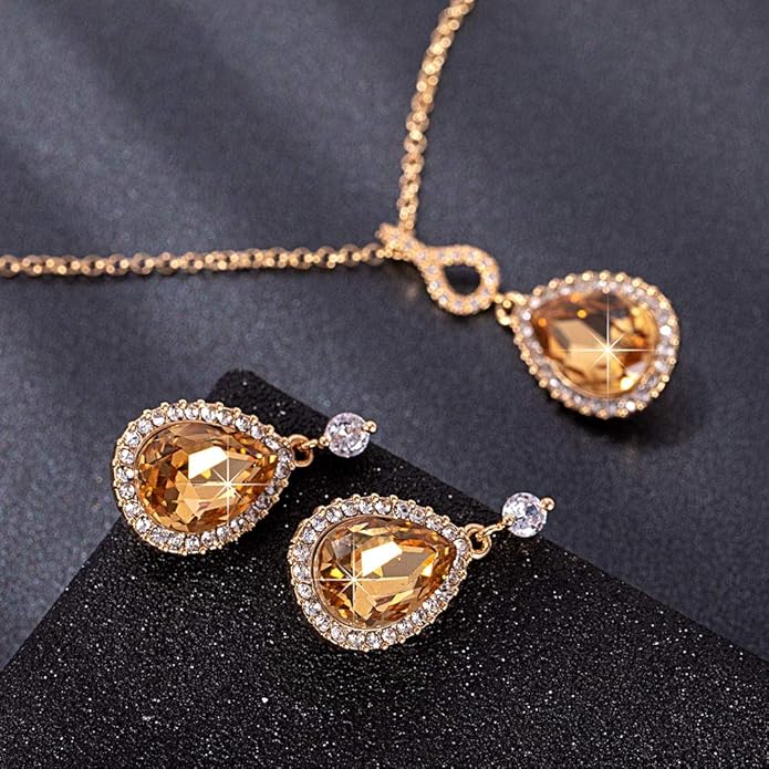 Austrian Crystals Teardrop Pendant Necklace Earrings for Women 14K Gold Plated Hypoallergenic Jewelry Set