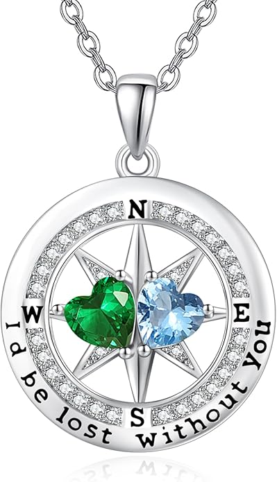 Compass Birthstones Necklace for Women, Exquisite Anniversary Birthday Gifts for Wife Her Double Birthstone Pendant jewelry ‘I'd be Lost Without You’
