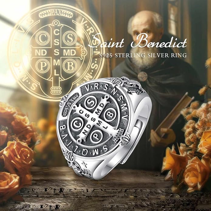 EUDORA S925 Sterling Silver St Benedict Ring San Benito Rings for Women Men, Vintage Ankh Cross Ring Saint Benedict Amulet Adjustable Rings Gifts for Women Mens Father Mother