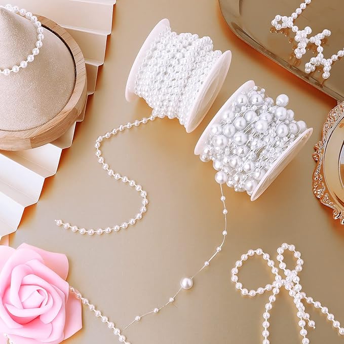 Bonuci 3 Rolls 66 Feet Pearls String Garland Faux Pearl Garland Spool Roll Strand Decoration Artificial Beads Chain Trim for Crafting String of Flowers Valentine Wedding Party(White,4mm)