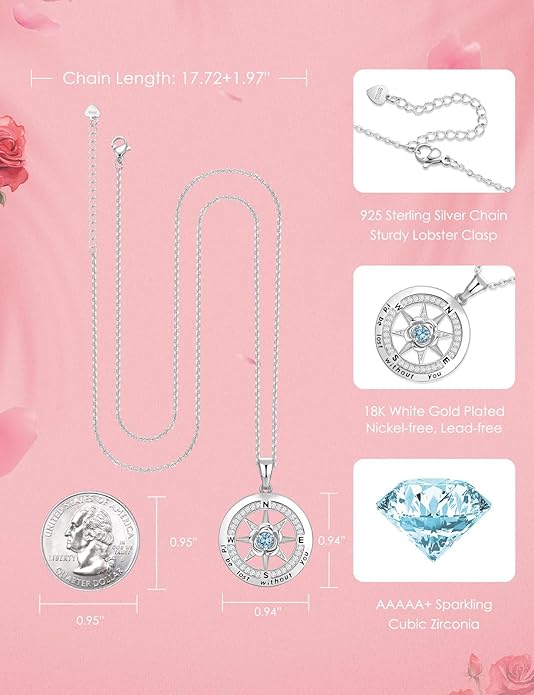 Silver Compass Necklace for Women Birthday Gifts for Wife Anniversary Necklace for Women Rose Flower Birthstone Necklaces for Wife Jewelry for Womens Girlfriend Mom Daughter