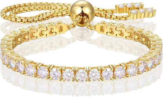 Moissanite Tennis Bracelet 1.52ct-7.76ct Adjustable Bracelet for Women 18K White Gold Plated S925 Sterling Silver Tennis Bracelet D Color VVS1 Round Cut 2/3/4mm Moissanite Bracelet Gifts for Wife/Mom