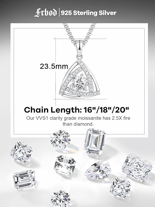 D Color 0.53ct/1.24ct/1.72ct/1.2ct Moissanite Necklace for Women Men, 925 Sterling Silver Chunky Circle/Triangle/Square Pendant, Birthday Christmas Valentines Jewelry, 16-20 Inch Box Chain Adjustable