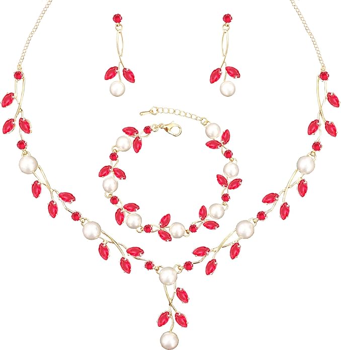 Luxury Cubic Zirconia Aurtrian Crystal Pearl Floral Necklace Dangle Earrings Wedding Bridal Jewelry Set Birthday Gifts for Her