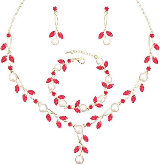 Luxury Cubic Zirconia Aurtrian Crystal Pearl Floral Necklace Dangle Earrings Wedding Bridal Jewelry Set Birthday Gifts for Her