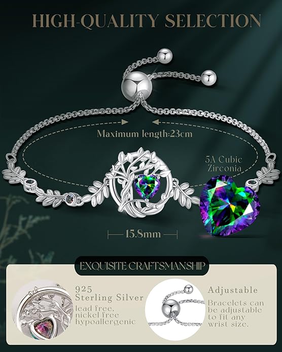 FANCIME Tree of life Birthstone Bracelet for Women Sterling Silver Tree Jewelry Birthstone Charm Bracelet Gemstone Anniversary Birthday Christmas Gifts for Wife Mom Her