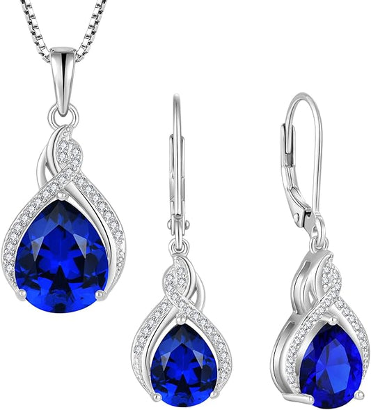 Infinity Teardrop Jewelry Set for Women Sapphire Necklace & Earrings September Birthstone Jewelry