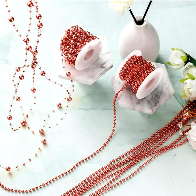 Bonuci 3 Rolls 66 Feet Pearls String Garland Faux Pearl Garland Spool Roll Strand Decoration Artificial Beads Chain Trim for Crafting String of Flowers Valentine Wedding Party(Red,4mm)