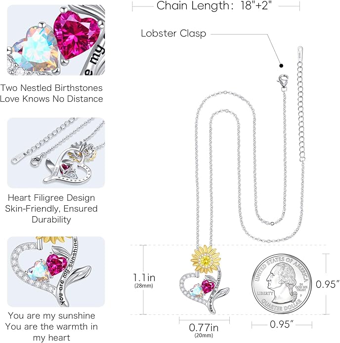 PERJI Valentine's Day Gifts for Women - 925 Sterling Silver Double Birthstone Sunflower Necklace, Anniversary Birthday Jewelry You are My Sunshine Gifts for Wife Couple Girlfriend 18"+2" Non Tarnish