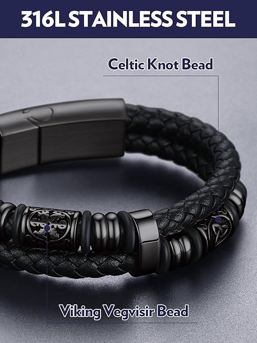 Bandmax Mens Black Double Wax Rope Cuff Bracelets Waterproof Stainless Steel Norse Style Celtic Knot Beads Bracelet Wristband Gift for Men