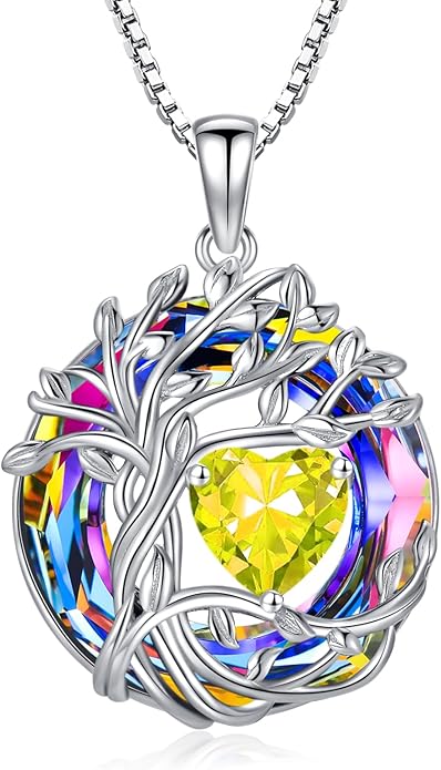TOUPOP Christmas Gifts Tree of Life Birthstone Necklace 925 Sterling Silver Pendant Austrian Crystal Jewelry Anniversary Birthday Gifts for Women Mom Her Wife