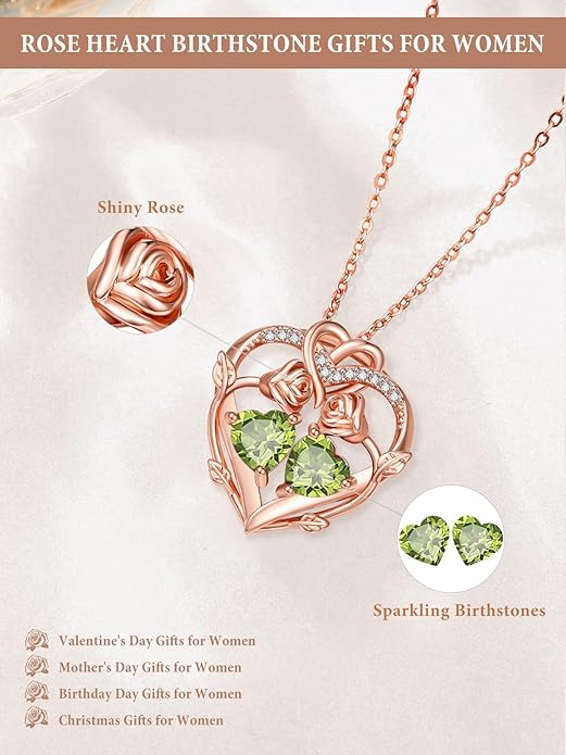 Rose Gold Necklaces for Women Double Birthstone Rose Flower Heart Pendant Necklace Jewelry Anniversary Christmas Valentine's Mother's Day Birthday Gift for Wife Mom Her Girlfriend Sister