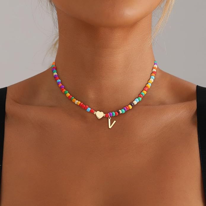 Colorful Initial Necklaces for Girls Women Kids - Teen Girls Gifts Trendy Stuff Beaded Initial Necklace Dainty Letter Choker Necklace for Girl Gifts Jewelry
