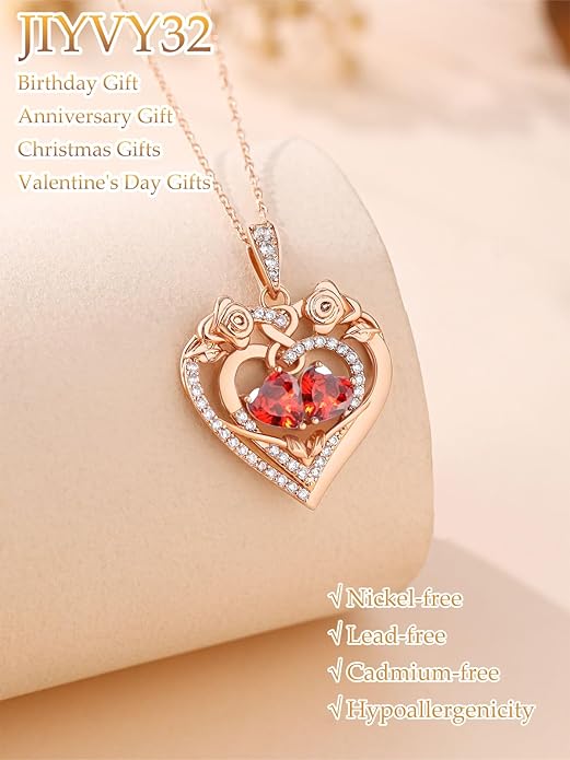 JIYVY32 Rose Heart Necklace for Women Exquisite 925 Sterling Silver Anniversary Birthday Gifts for Wife Mom Her Double Birthstone Pendant Jewelry