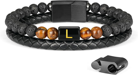 LUXEJEW Gifts for Men - Mens Bracelet, Beaded Leather Initial Bracelet 6mm Matte Agate Stone Handmade Bracelets Adjustable Stainless Steel Magnetic Clasp Mens Jewelry Gifts