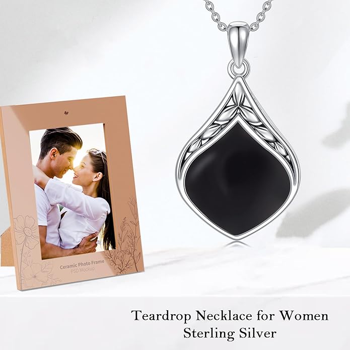 Teardrop Necklace 925 Sterling Silver Vintage Natural Gemstone Pendant Jewelry Birthday Christmas Gifts for Women Mom
