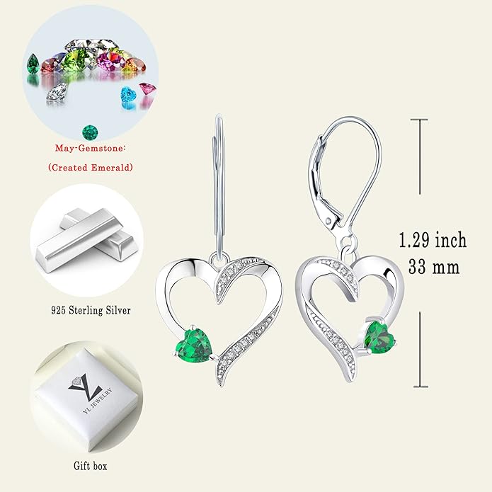 YL Heart Dangle Earrings 925 Sterling Silver Drop Earrings Birthstone Leverback Jewelry for Women