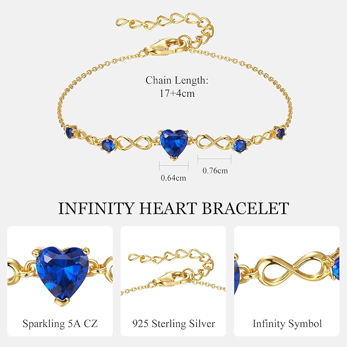G&GEMSJEW Infinity Heart Birthstone Bracelets for Women, 925 Sterling Silver Women Charm Link Bracelet Adjustable, Birthday Anniversary Christmas Jewelry Gifts for Women Wife Mom Girlfriend Her