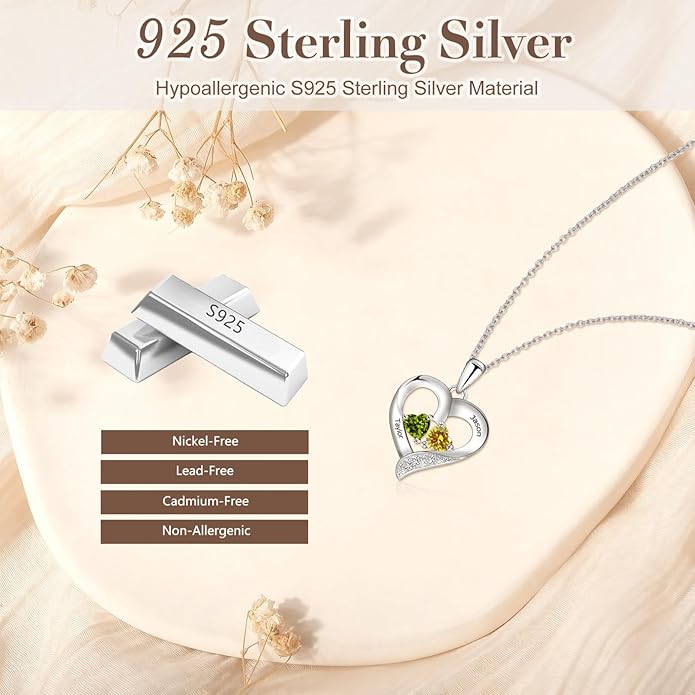 JOBFLY S925 Sterling Silver Customized 2 Birthstone Heart Necklace with 2 Name Engraved Personalized Mother Daughter Necklace Couple Jewelry Christmas Birthday Gift