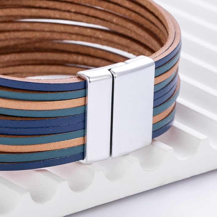 FANCY SHINY Boho Leather Wrap Bracelet Stackable Layered Bangle Cuff with Magnetic Clasp