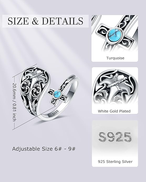 S925-Sterling-Silver Abalone Dragonfly-Turquoise Spoon Ring - Vintage Boho Sunflower Thumb Oxidized Wrap Rings Victorian Style Antique Floral Jewelry Gifts for Women