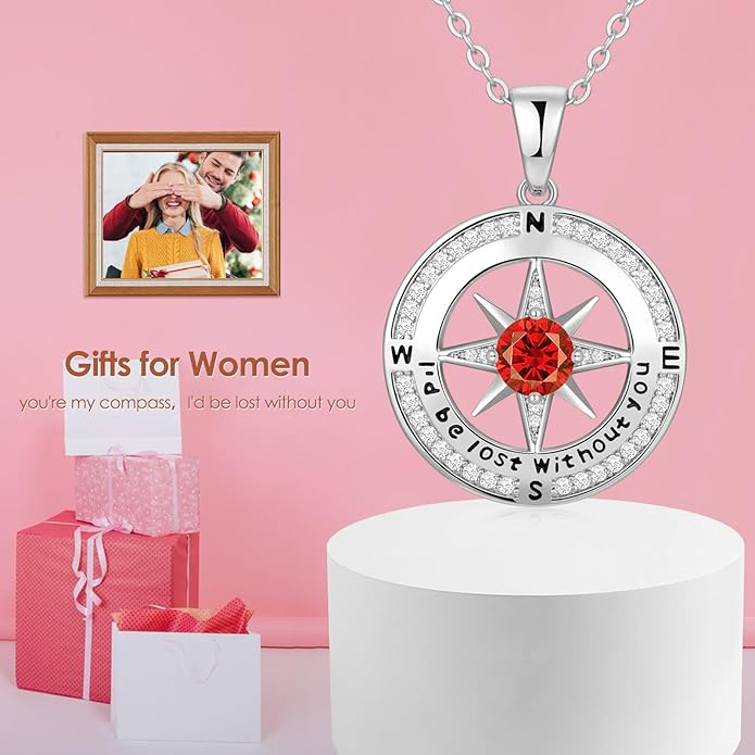 Zifeel Compass Necklace Gifts for Women wife - S925 Sterling Silver Birthstone Necklaces for Women - Anniversary Birthday Gifts for Her Wife Girlfriend - Valentines Mom Mothers Day Christmas Gifts Jewelry for Women