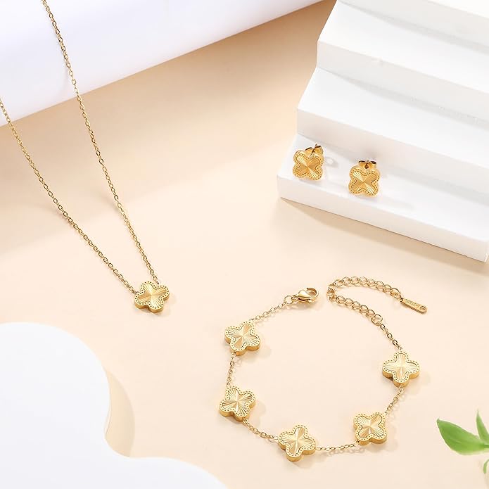 Lucky Clover Sets, 18K Gold Plated Four Leaf Bracelet, Necklace Pendant, Earrings for Women Flower Link Bracelets Set Jewelry Gifts for Women