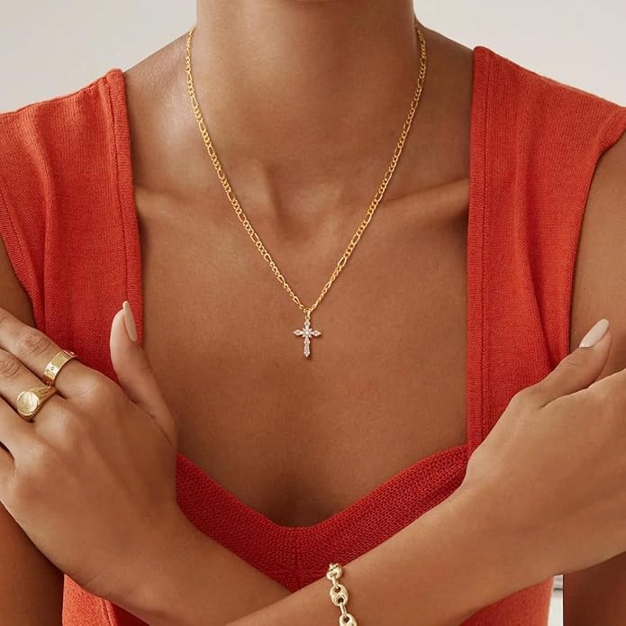 Cross Necklace for Women Dainty 14K Real Silver Gold Plated Layered Cross Pendant Necklace Stack Simple Trendy Cute Charm Choker Necklaces Jewelry Gift for Women Teen Her