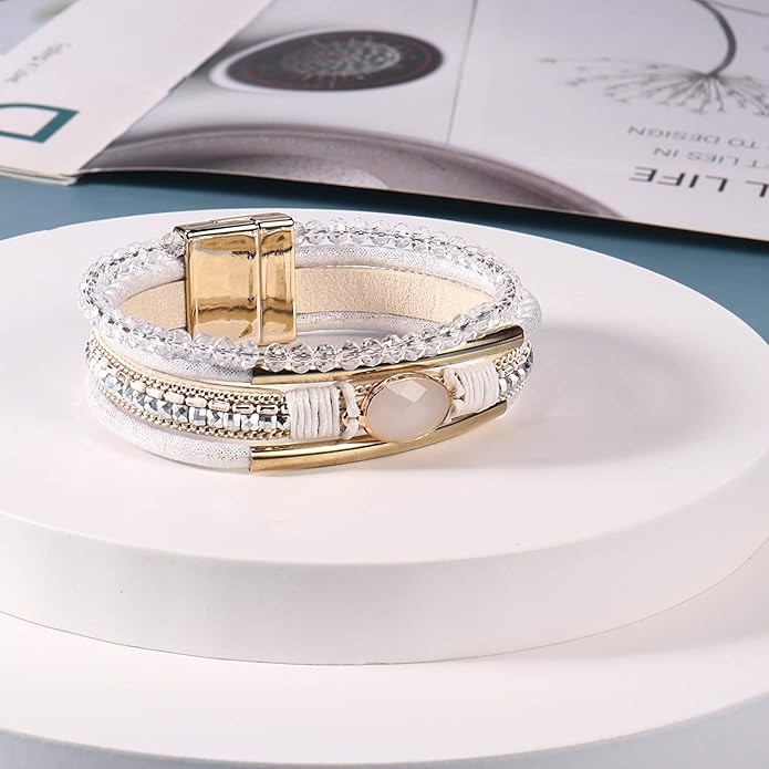 FANCY SHINY Leather Wrap Bracelets Crystal Beads Bracelet Boho Cuff Stone Charm Bracelets with Clasp Costume Jewelry for Women