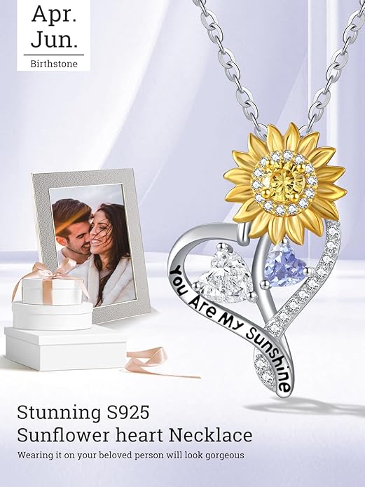Zeuslia Double Birthstone Necklace Gifts for Wife - 925 Sterling Silver Sunflower/Rose/Crown Cross/Compass/Heart Pendant I Love You Necklace, Anniversary Birthday Gifts for Wife Girlfriend Mom Her