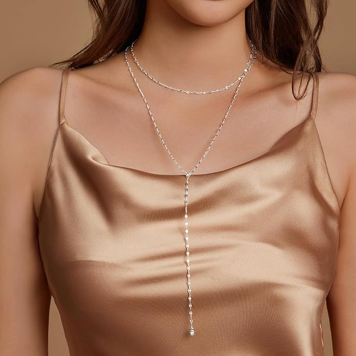 Zeffy Lariat Gold Necklace for Women, Dainty Long Necklace 14k Gold/Silver Plated Layered CZ Beaded Bar Chain Y-Shaped Body Chain Stack Drop Wedding Necklace Trendy Simple Gold Jewelry Gifts