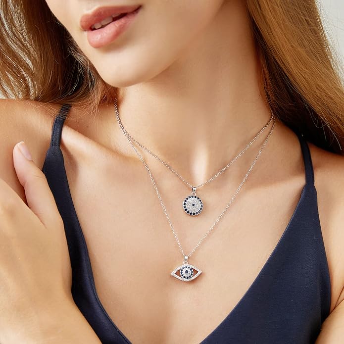 Evil Eye Necklace Layered Necklaces for Women, 2Pcs 18K Gold Plated Dainty Evil Eye Choker Pendant Necklace Handmade Evil Eye Jewelry Protection Gifts