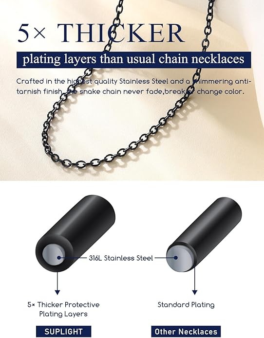 Suplight Stainless Steel Cable Chain Necklaces for Men Women 14K Gold/Black/Rose Gold Plated Cable Link Chains, 2mm Thin & Dainty & Sturdy Chains for Pendant 14"-30" Length