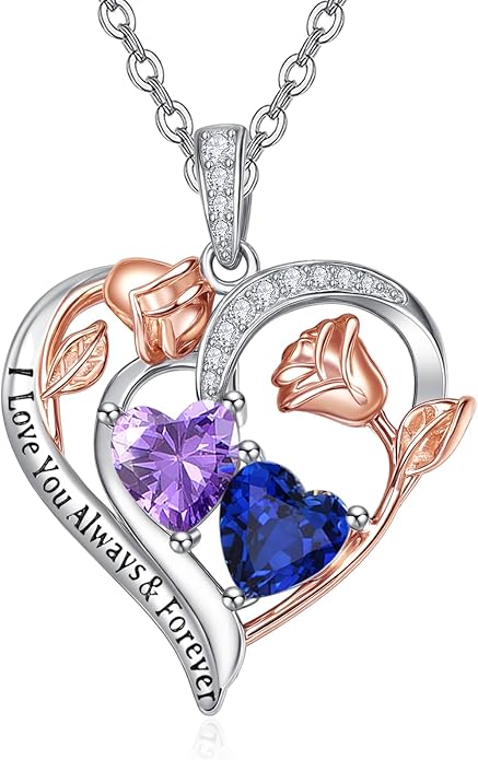 Zeuslia Double Birthstone Necklace Gifts for Wife - 925 Sterling Silver Sunflower/Rose/Crown Cross/Compass/Heart Pendant I Love You Necklace, Anniversary Birthday Gifts for Wife Girlfriend Mom Her