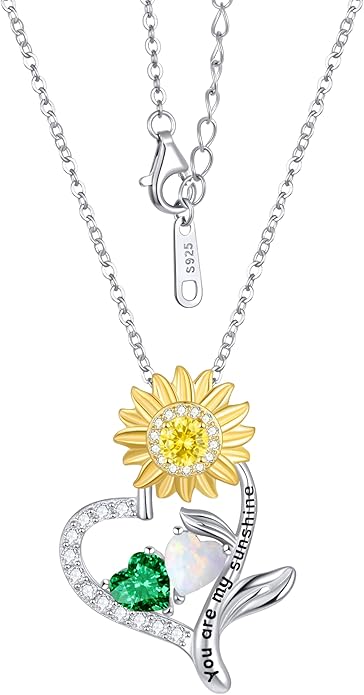 PERJI Valentine's Day Gifts for Women - 925 Sterling Silver Double Birthstone Sunflower Necklace, Anniversary Birthday Jewelry You are My Sunshine Gifts for Wife Couple Girlfriend 18"+2" Non Tarnish