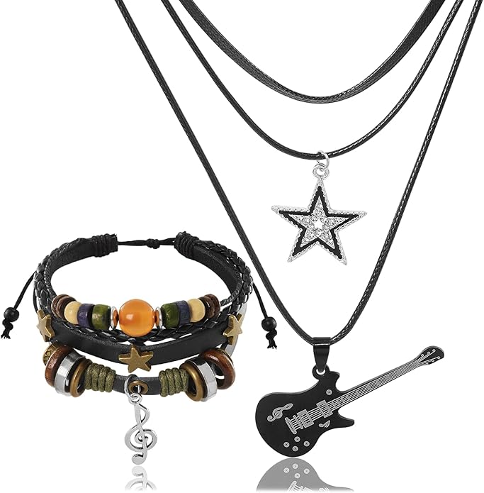 Multilayer Y2k Star Necklace Fairy Grunge Bracelets Set Handmade Fairycore Grunge Jewelry Gothic Swirl Star Necklace Punk Rock Roll Music Guitar Grunge Accessories for Women Men