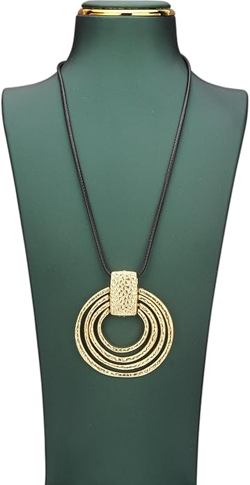 Long Boho Necklaces for Women Vintage Leather Wooden Pendant Y Choker Ethnic Style Gold Circle Hippie Sweater Necklace