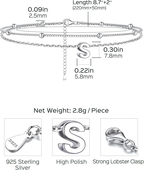ChicSilver Ankle Bracelets for Women Waterproof, 925 Sterling Silver Initial Anklets for Women, Adjustable Dainty Layered Anklet Beach Jewelry for Women Mom Wife Friend