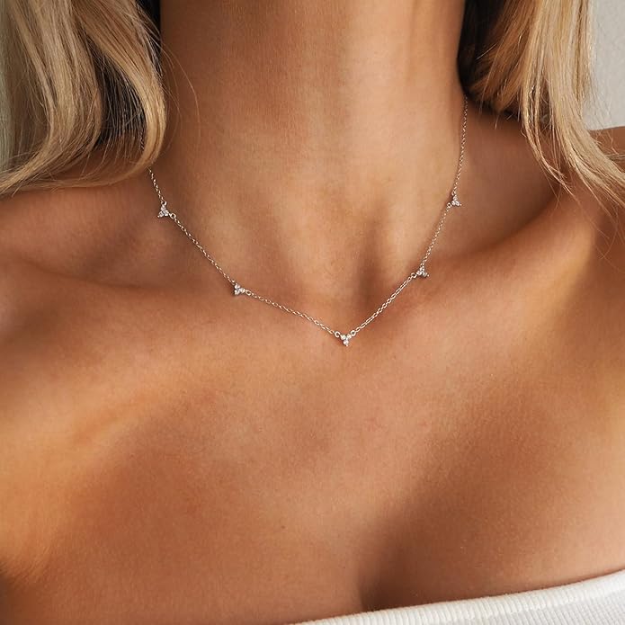 Dainty Necklaces for Women Cute Station Choker Necklace Cubic Zirconia Simulated Diamond Necklace Simple Layering CZ Necklace Trendy Jewelry Gifts