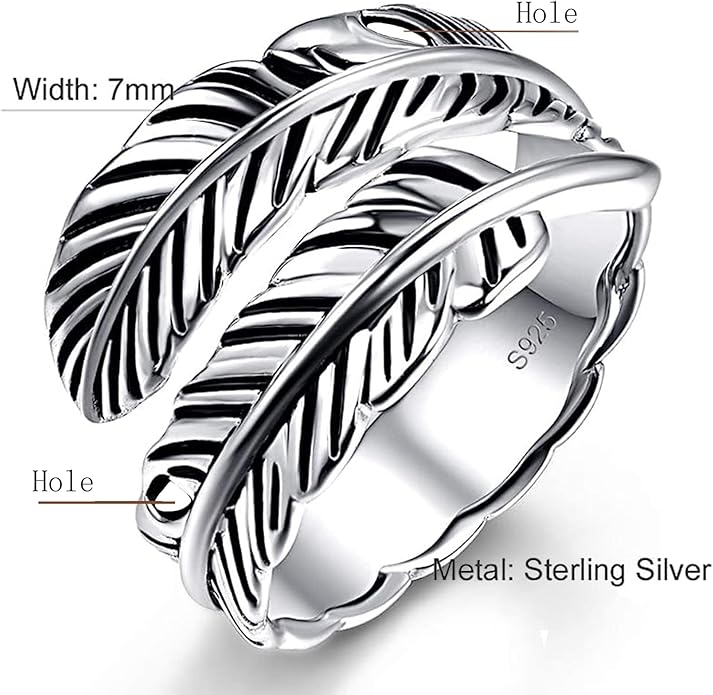 Sterling Silver Feather Ring with Black Onyx & Turquoise - Adjustable Stacking Vintage Statement Ring for Women & Men