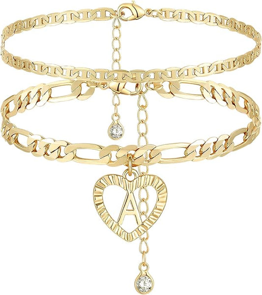 YANODA Initial Ankle Bracelets for Women 14K Gold Plated Layered Figaro Chain Letter Initial Anklets Handmade Layered Heart Ankle Bracelets Personalized Jewelry for Women