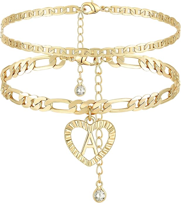 YANODA Initial Ankle Bracelets for Women 14K Gold Plated Layered Figaro Chain Letter Initial Anklets Handmade Layered Heart Ankle Bracelets Personalized Jewelry for Women